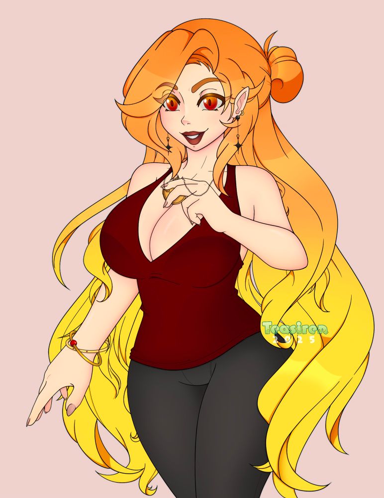 Artwork of my firey haired character with vibrant burning eyes holding a gold pocket watch in her hand
