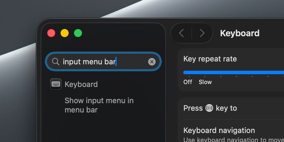 Screenshot of the macOS System Settings app. Me searching for "input menu bar" in the search field.