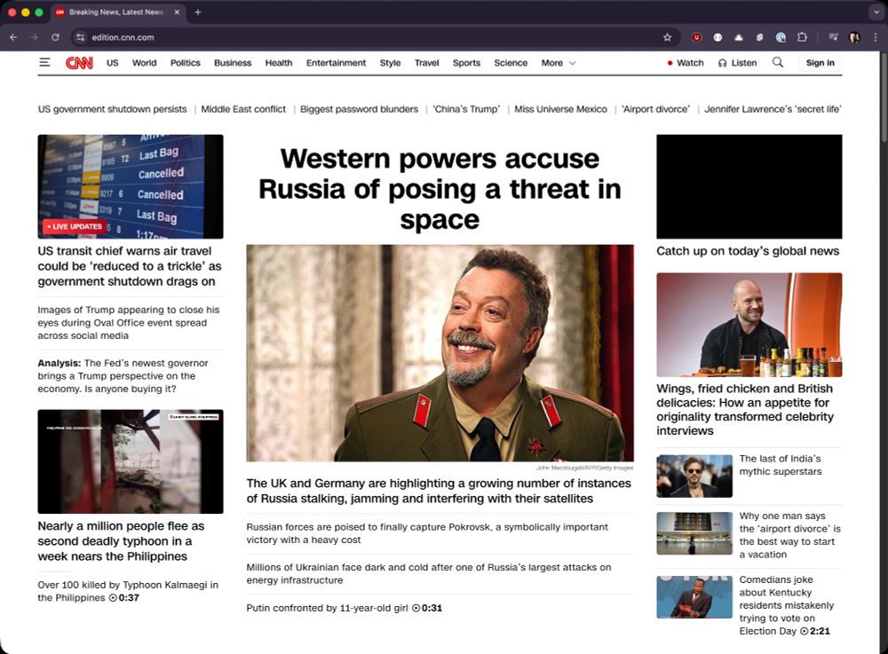 Screenshot of cnn.com. Main story is "Western powers accuse Russia of posing a threat in space". The image for the story is a scene from Command & Conquer: Red Alert. You know, the one with Tim Curry going to space.