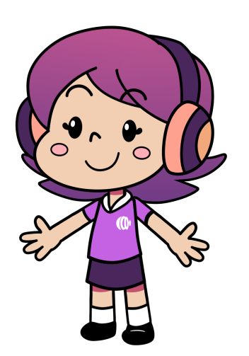 Vista 3/4 do rig de uma personagem. Ela tem pele clara, cabelo em degradê de rosa pra roxo, usa um headphone e veste camiseta roxa e saia.
