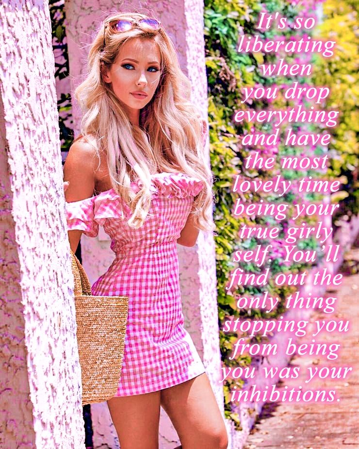 Bathed in soft pink sunlight, she walks confidently between pastel pillars, each step a quiet celebration of freedom and femininity. Her gingham dress sways gently in the breeze, a perfect harmony of playful charm and bold self-love. There’s a radiant peace in her gaze—not because she’s trying to be someone else, but because she’s finally stopped trying to be anything but herself.

Around her, the world blooms. The flowers seem to lean in, whispering their approval. The walls, painted in cotton-candy hues, mirror the joy of someone who has let go of old fears and embraced the beauty of their truth. There’s romance here—not just of roses and hearts, but of a life reclaimed, a heart unburdened, a soul glowing in its full color.

This isn’t just fashion. It’s freedom. It’s about that soul-deep exhale when you realize that being femme isn’t about fitting into a box—it’s about dancing out of it. Whether you’re a girl, a boy, neither, or both, there’s magic in embracing softness, beauty, glamour, and grace on your terms. It’s in the way the sunlight kisses your shoulders, the sparkle in your eyes, the laughter that feels like silk against the world’s rough edges.

And as you drop the weight of expectations, as you let your true self shine through sequins, lipstick, or quiet elegance—you realize: the only thing that ever held you back was the belief that you had to ask permission to be lovely.

But you don’t. You never did.
