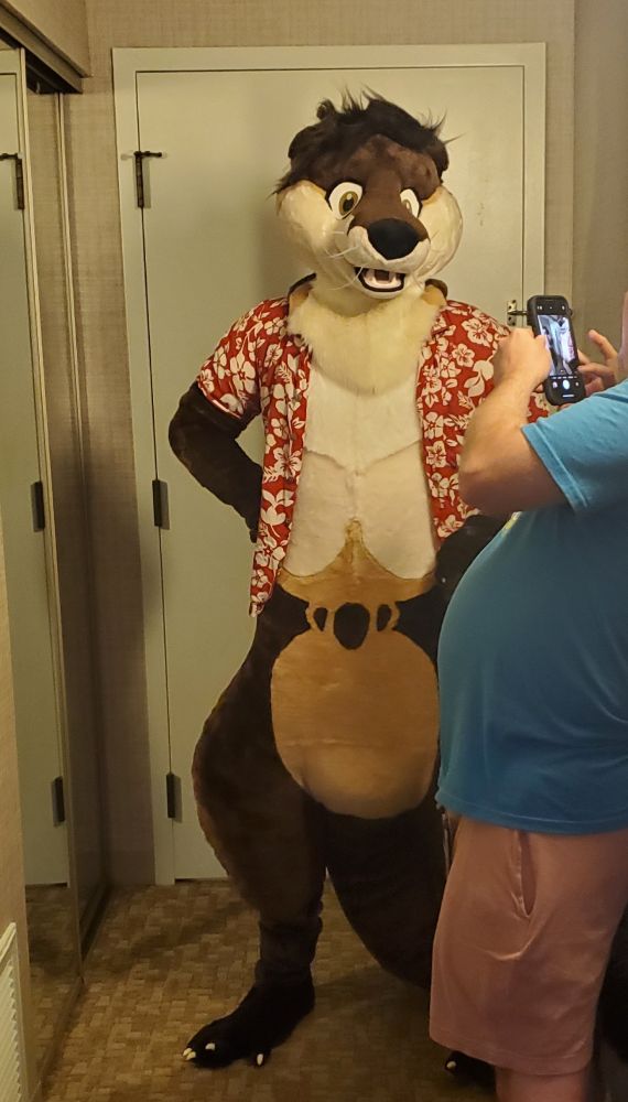 Otter fursuit standing, facing camera with hands on hips