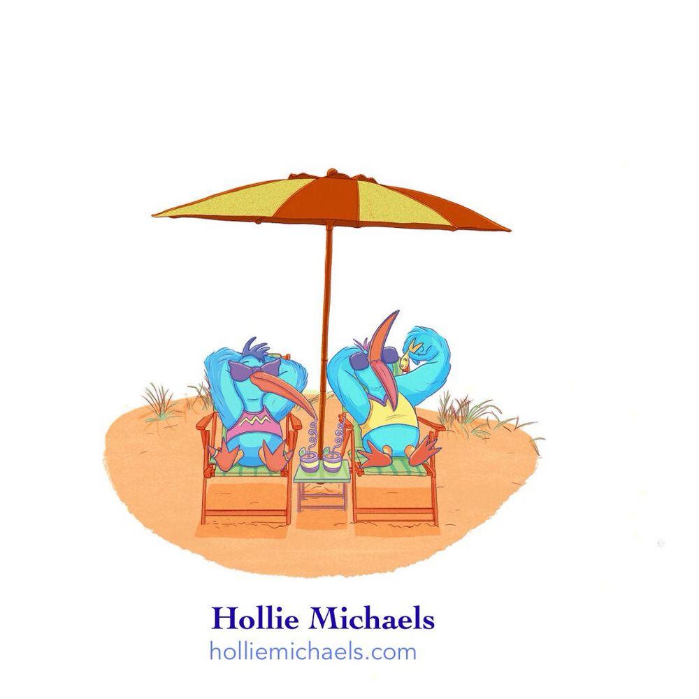 An illustration of two birds on a beach enjoying the day. 