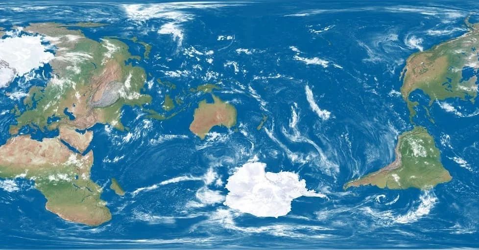 It's a map that projects the globe of the Earth in a way that distorts the Americas and Eurasia, but accurately represents Australasia.  It's got white whispy clouds, blue water, and green to sand-yellow color on the landmasses.

Stolen from a Reddit post on /MapPorn, posted by user 'molfarus' in 2022.
