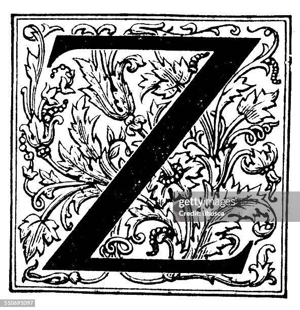 An ornate version of the letter Z, with inked oak clusters, flowers and leaves behind it.  It's in black and white, from getty images.