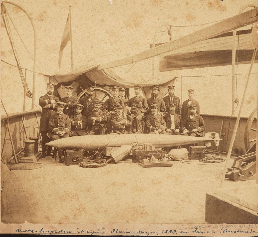 Argentinian sailors with a Whitehead torpedo, Fiume, Austria, 1888.