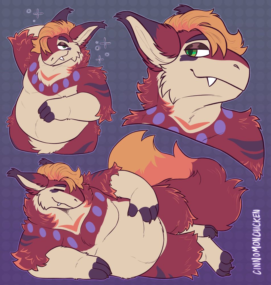 Canvas depicting a heavy-set red hisuian typhlosion (they/them) character in three poses. One is a bust, and they have a relaxed look with half-lidded eyes. Next is a halfbody, and they have one arm behind their head and one perched on their tummy. They look sleepy, with bags under their eyes, as though they’ve just woken up. Last is a fullbody, and they are lying down very comfortably, leaning on one arm. The other arm is resting on their belly. Their eyes are closed and they look peaceful.