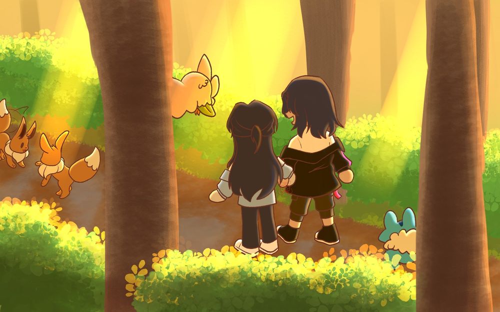 Mine and my girlfriend's trainersonas strolling through a path with trees and bushes on the side during the sunset. Rowlet flying beside me, Froakie catching up behind my partner, and our Eevees playing with each other at the front.