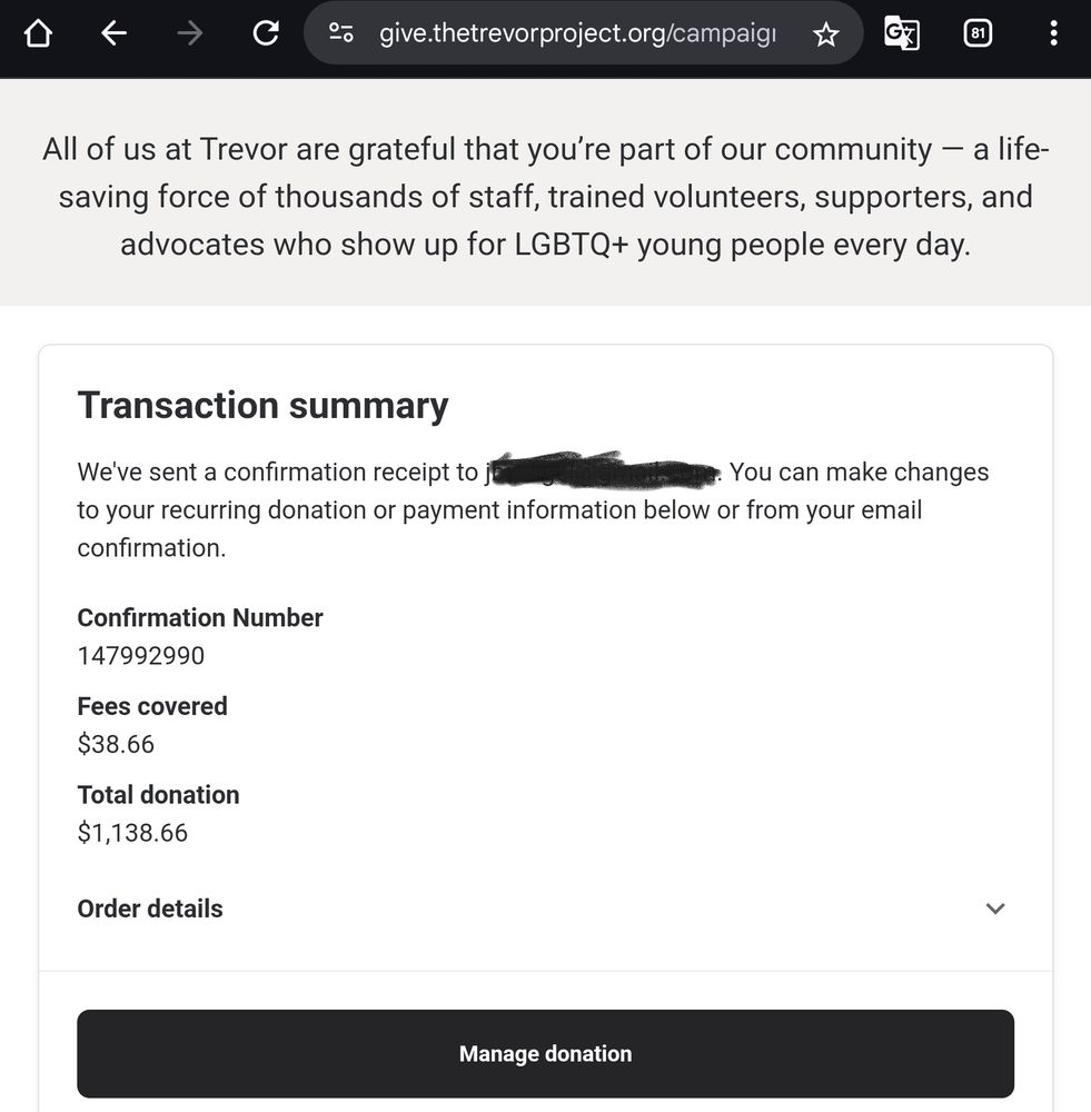 Screenshot of a donation to The Trevor Project for $1100.