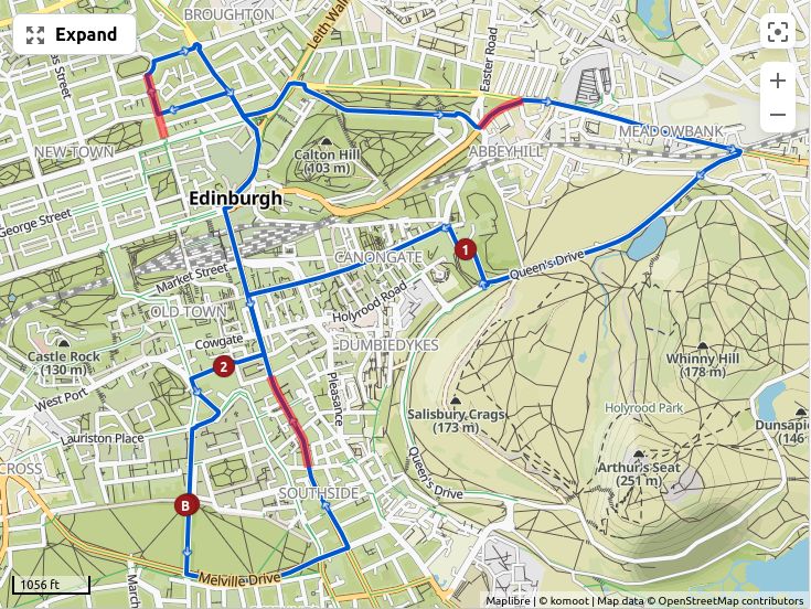 A map of Edinburgh with a planned cycle route and highlights where newsworthy car/bike accidents have happened