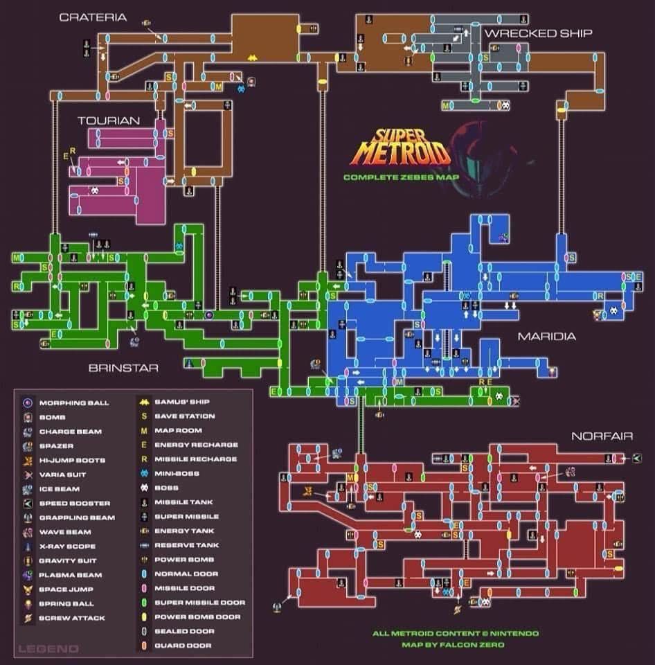 Colorful illustrated map for the video game Super Metroid.