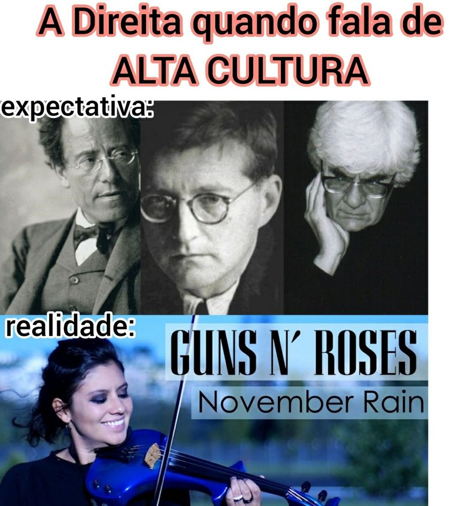 A Direita quando fala de ALTA CULTURA

expectativa: umas fotos duns velho em preto e branco
realidade: moça tocando guns n'roses november rain no violino 
