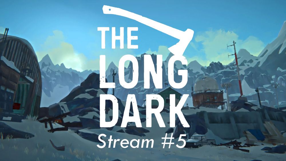 The  Long Dark title with an axe coming out of the top. In front of a wintery,  snowy, mountainous background with some buildings.