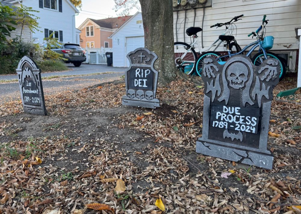 A photo of a neighborhood yard with gravestones that say:
“1st Amendment 1789-2024”
“RIP DEI”
And my favorite, “Due Process 1789-2024”