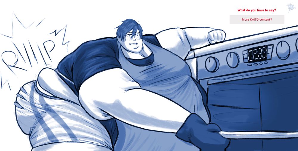 KAITO (vocaloid) taking cookies out of his extra-wide oven. while bent over with a heavy arm braced on the counter with an oven mitred hand taking the cookies out, his shorts have torn at the back, exposing his underwear. he has a shocked expression on his face

ASK TEXT: more KAITO content?