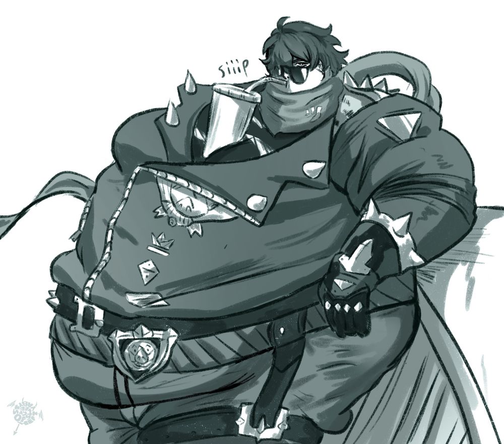 lighter from zenless zone zero sipping on a fast food cup of soda from between his moobs while leaning on a table 