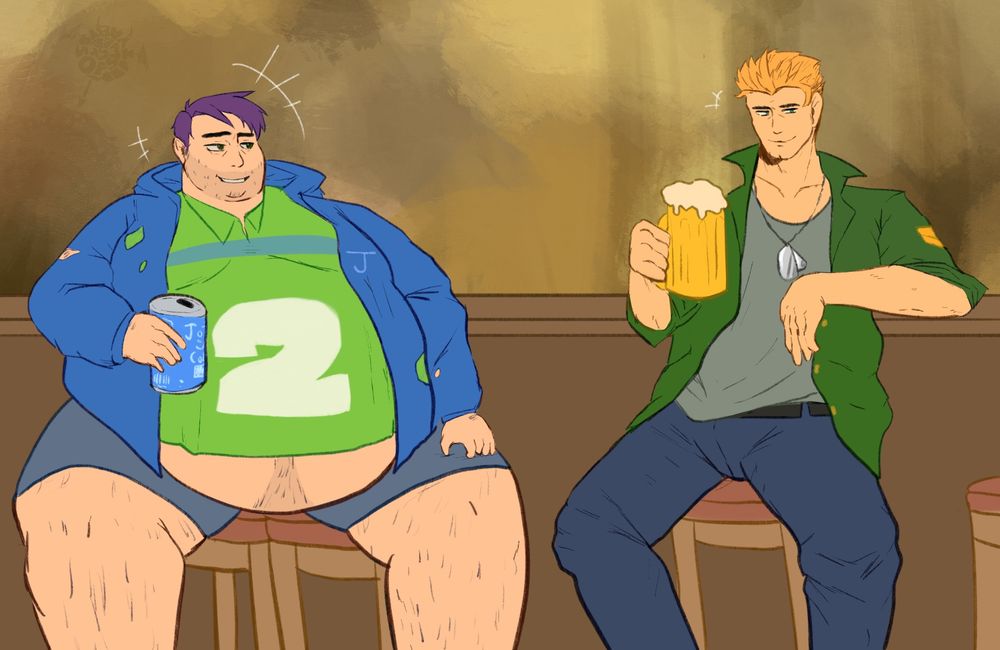 Shane and Kent from Stardew Valley sitting at a bar. They are lightly chuckling. Shane is holding a JojaCola can and is sitting on two barstools, while Kent is drinking beer and leaning on the bar.