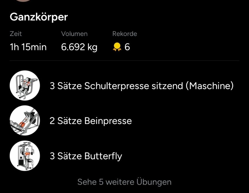 Ganzkörper Trainingsplan, Trainiszeit: 1 Stunde und 15 min, bewegtes Gewicht: 6.692 KG
