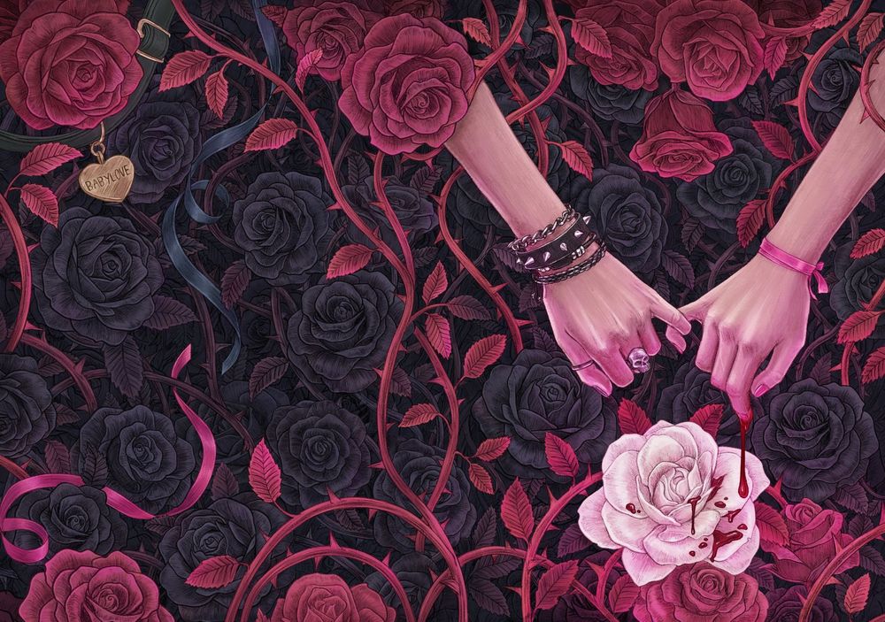 landscape illustration of a hardcover book case, covered in black and  magenta roses and vines. The magenta ones are framing the image, and on the right/front side are two pale arms with entwined pinkies. one has black punk bracelets and one has a pink ribbon and blood dripping off a finger, onto a white rose. On the left side there's a black and pink ribbon in the roses, as well as a cat collar with a nametag reading 'babylove'. It's all in a pencilly rendered style.