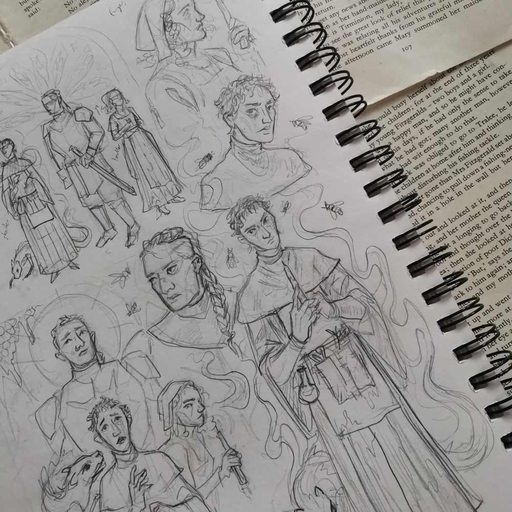 Various sketches of the main characters from the starving saints by caitlin starling. They're medieval women with a nun/alchemist vibe, knight, and maid ish outfit. There's bees and smoke around. 