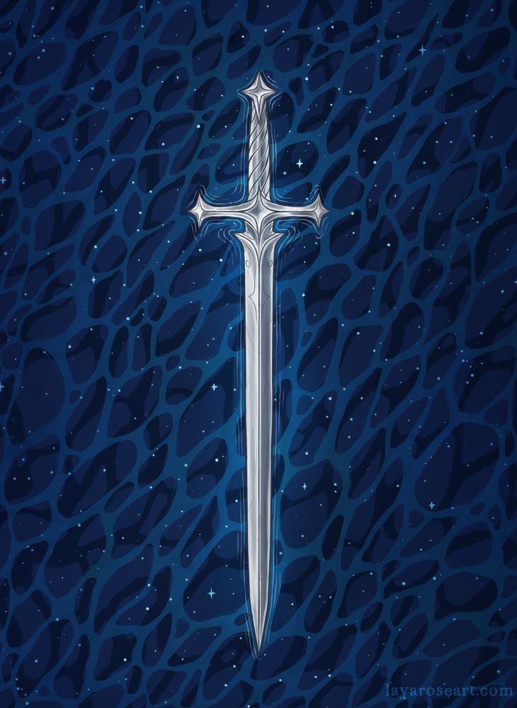 same illustration of a silver sword on a dark blue watery background, with stars, but with no hands.