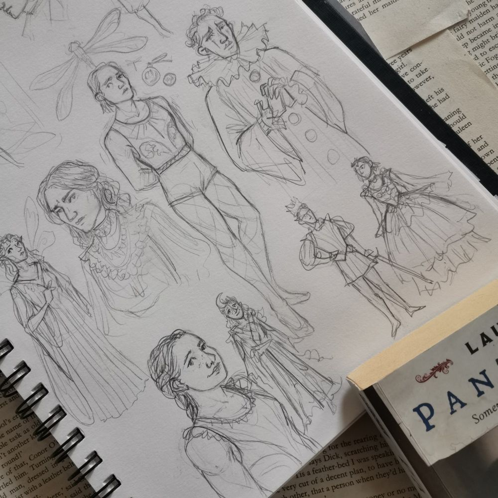 Various sketchy doodles of the characters from Pantomime by L r lam, mostly in circus and pantomime outfits. 