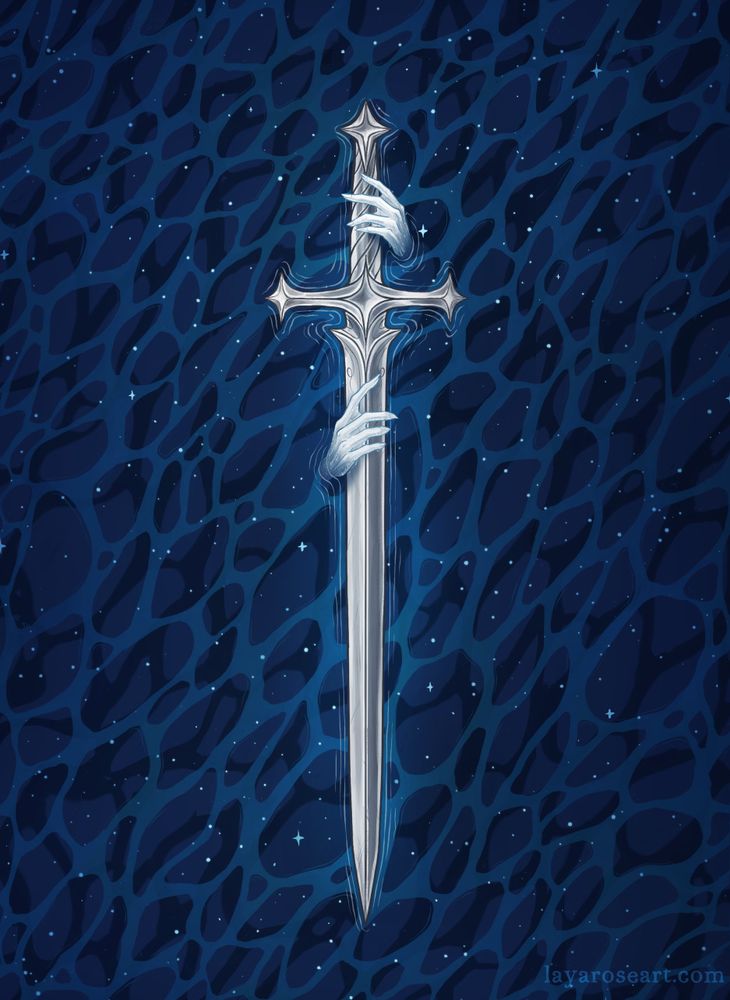 illustration of a silver sword on a dark blue watery background, with stars. There are scaly white hands reaching from behind under the water grasping it.