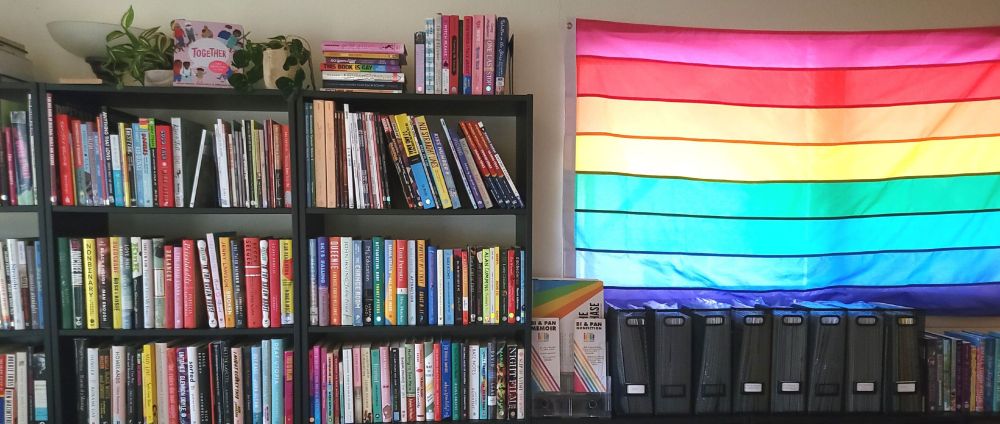 A line of tall black bookshelves filled with colorful books and green houseplants. A window next to the shelves is draped with an 8-stripe Gilbert Baker pride flag. 
