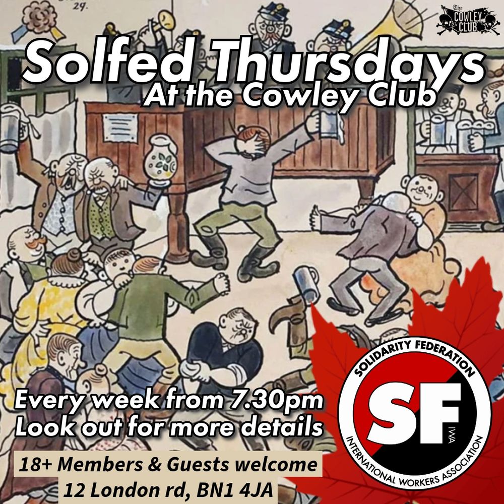 Joseph Lada illustration. Text reads : Solfed Thursdays at the Cowlely Club
