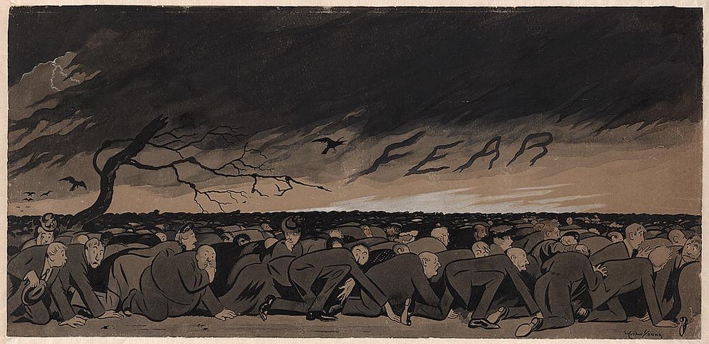 Illustration shows a crowd of apprehensive people on their hands and knees, creeping along under a dark thundercloud labeled "Fear." Lightning flashes, and black birds fly past a bent leafless tree. Art Young drew for a wide variety of publications from The Masses to the Saturday Evening Post. His increasingly left-wing views were show-cased in the humor magazine, Life, which for a time espoused support for socialism.