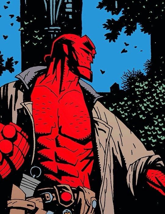 Full shot of Hellboy, a comic book character, depicted in a vibrant, stylized artistic style. 
Hellboy is centrally positioned in the image, angled slightly to his right. His skin is a deep, almost crimson red, with detailed shading and texture suggesting muscles and a rugged physique. 
He wears a light beige, almost tan coat, which appears loose-fitting over his torso.  The coat doesn't have a distinctive collar, but is rather drawn with a flowing, loose shape. 
Hellboy's hands, visible at the front of the image, are clutching a weapon, or part of a weapon, which is a dark red design. The weapon looks like a large, multi-pointed, grenade-like object held in his gloved hand.  
A distinct leather or metal belt encircles his waist, with a small, circular, reddish design on it.
 The background features a stylized cityscape and foliage/trees. The sky is a light, clear blue. The trees and foliage are rendered in black, shades of green, and various shades of blue/grey, creating a backdrop that feels both urban and natural. The style is a combination of flat color blocks and textured shading, typical of comic book illustrations. 
The overall style is bold and expressive, indicative of a comic book or graphic novel illustration rather than a photographic image. The background elements are simplified and serve to frame and spotlight Hellboy, the focal point of the image.