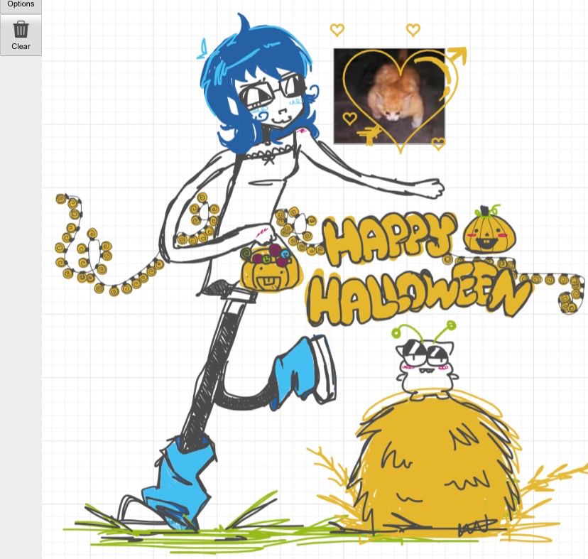 Hand-drawn digital artwork, a doodle or sketch. 
The theme is Halloween celebration. 
A stylized figure, resembling a girl or young person with blue hair and glasses, dominates the scene.  She is depicted in action, possibly running or leaping, and is dressed in a white top. She carries a small, decorated basket for trick or treating.
The words "HAPPY HALLOWEEN" are written in large, bold, yellow letters. 
Various Halloween-themed elements surround the figure, including: a string of yellow lights, a small cartoonish cat wearing an alien headband on top of a pile of hay. 
A picture of a muscular ginger kitten is placed in a heart-like outline. Yellow hearts are scattered around the image.
The background is a light gray or white grid pattern, suggesting a digital drawing tool's grid. 