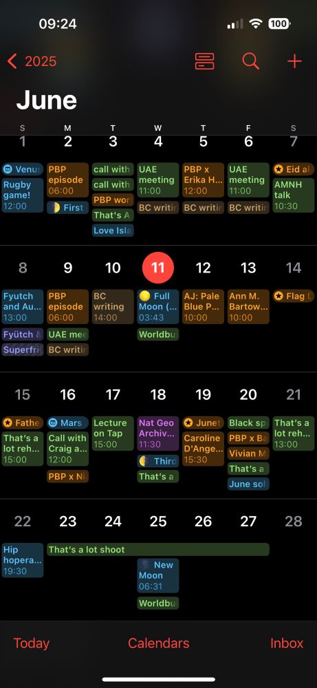 Screenshot of Moiya’s June calendar, full of color-coded events every day
