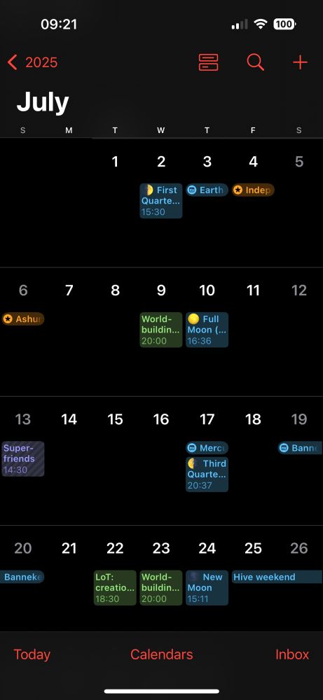 Screenshot of Moiya’s July calendar, empty except for a few events, mostly in the last week 