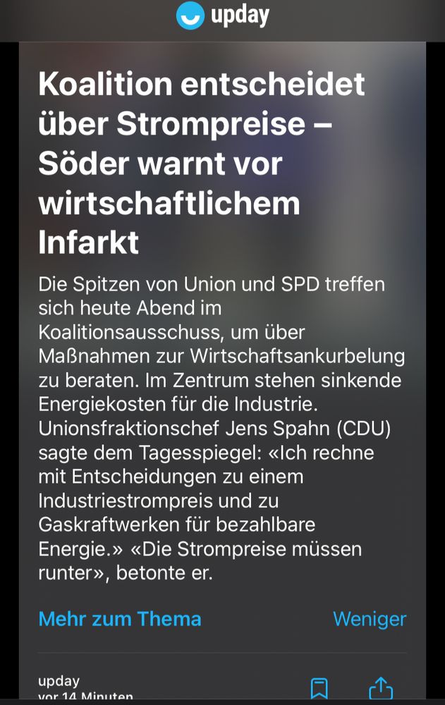 Artikel auf Upday

Koalition entscheidet über Strompreise - Söder warnt vor wirtschaftlichem
Infarkt
Die Spitzen von Union und SPD treffen sich heute Abend im Koalitionsausschuss, um über Maßnahmen zur Wirtschaftsankurbelung zu beraten. Im Zentrum stehen sinkende Energiekosten für die Industrie.
Unionsfraktionschef Jens Spahn (CDU) sagte dem Tagesspiegel: «Ich rechne mit Entscheidungen zu einem Industriestrompreis und zu Gaskraftwerken für bezahlbare Energie.» «Die Strompreise müssen runter», betonte er.
