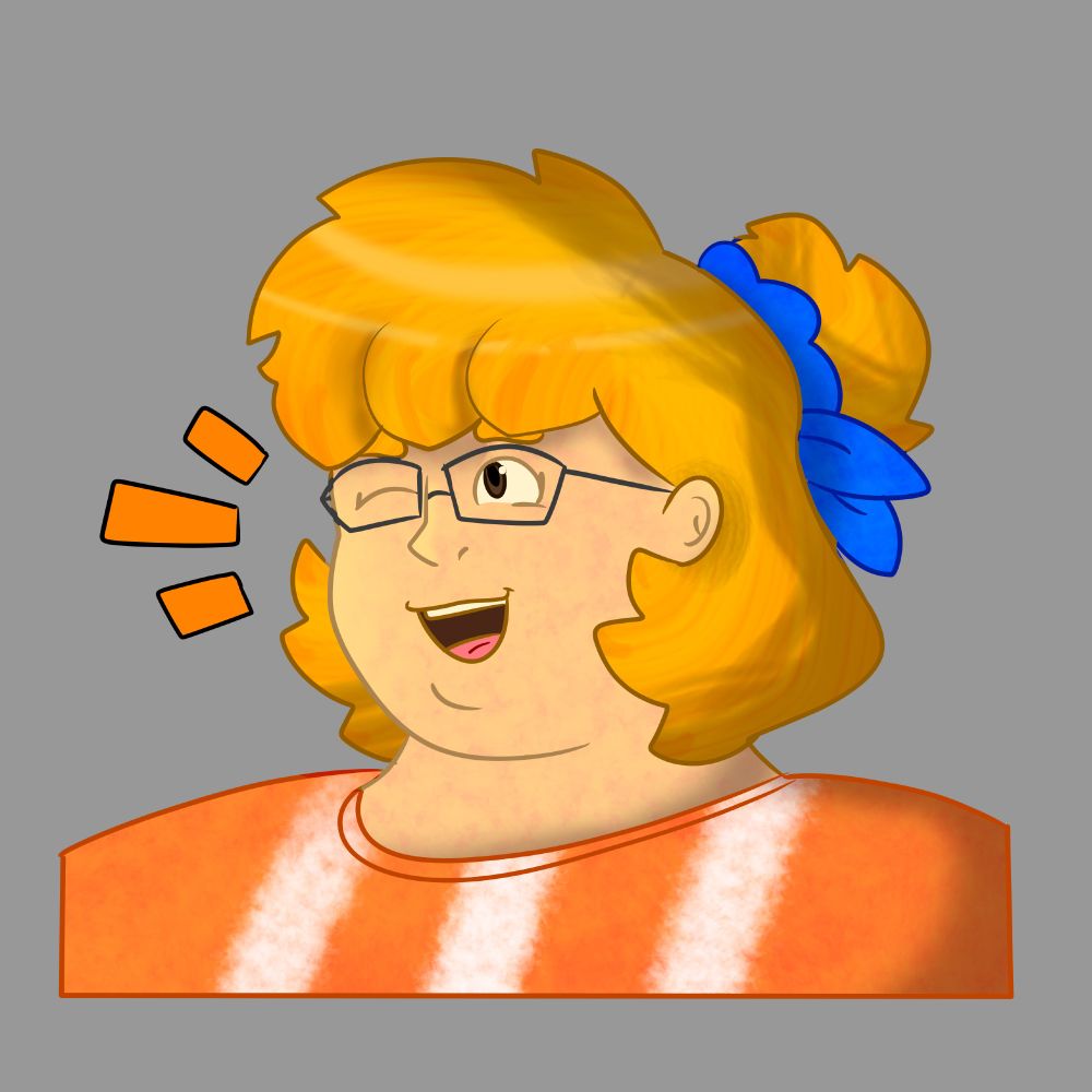 Evelyn rendered in a semi painterly style. She is smiling and winking