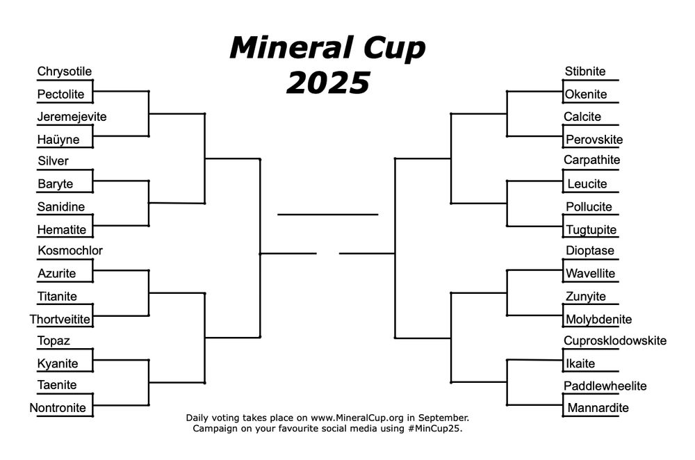 A sports-style elimination bracket of 32 minerals labeled 