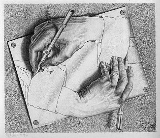 A black and white drawing of a sheet of paper out of which rise two men's hands drawn with photographic realism; each hand is holding a pen with which it is drawing the shirt cuff of the other hand creating a visual illusion.