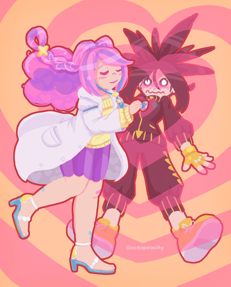 A digital illustration of Miriam, the school nurse from Pokemon Scarlet/Violet, placing her stethoscope on Dendra, the battle studies teacher from the same games. Dendra has a cartoonishly flustered expression with her hair flaring out like she'd been shocked, and the heart-shaped pulses representing her racing heartbeat fill the whole composition.