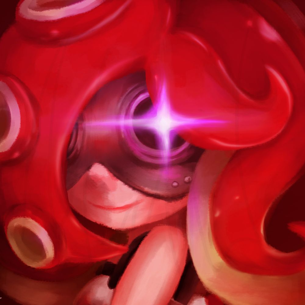 A digital illustration of a smiling Octoling Soldier from Splatoon 1. The picture is close-up of her facing left with her shoulder slightly raised; she turns her head to look at the camera, the magenta light of her pupil in one of the goggle lenses gleams brightly while the other is covered by her tentacle hair.