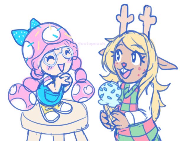 A digital doodle of Soft Server Toadette with Noelle Holiday from Deltarune. Toadette stands on a stool looking happy, while Noelle holds an ice cream cone with a light blue scoop covered in blue sprinkles and is talking to her happily.