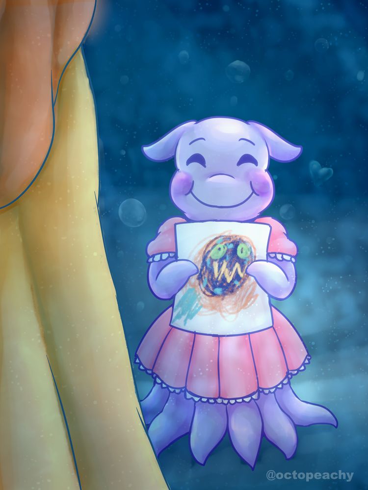 A digital illustration of an underwater scene featuring a young anthropomorphized dumbo octopus girl. She's beaming and holding up a scribbly drawing of an anthro coelacanth in an orange headscarf. In the foreground is part of this headscarf and a yellow robe, indicating the coelecanth character is standing in front of her.