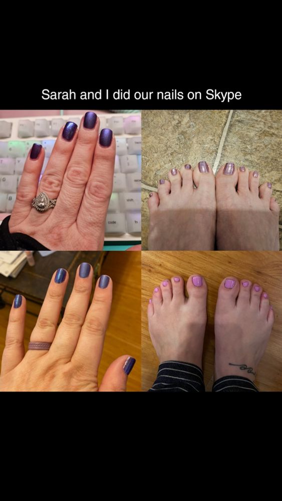 A photo of my finger and toenails & my wife's finger and toenails. Our fingers are the same color and our toes are both shades of pink.