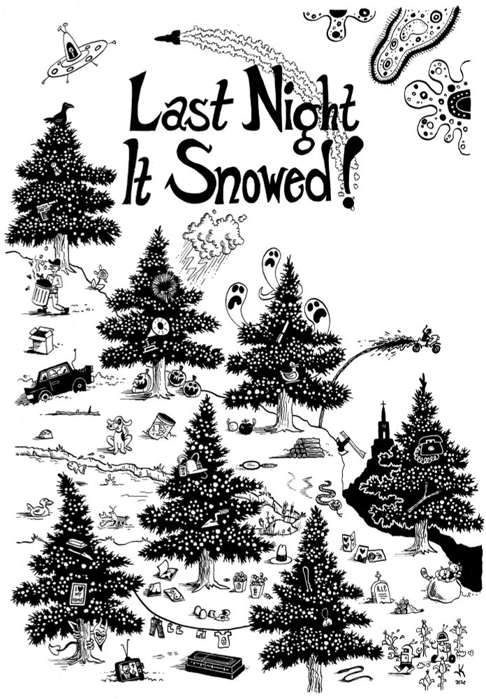 Cover illustration for the book Last Night It Snowed!: Archetypes & Symbols in the Lyrics of the Ass Ponys. Cover shows black and white ink drawings of numerous characters and items from Ass Ponys lyrics 