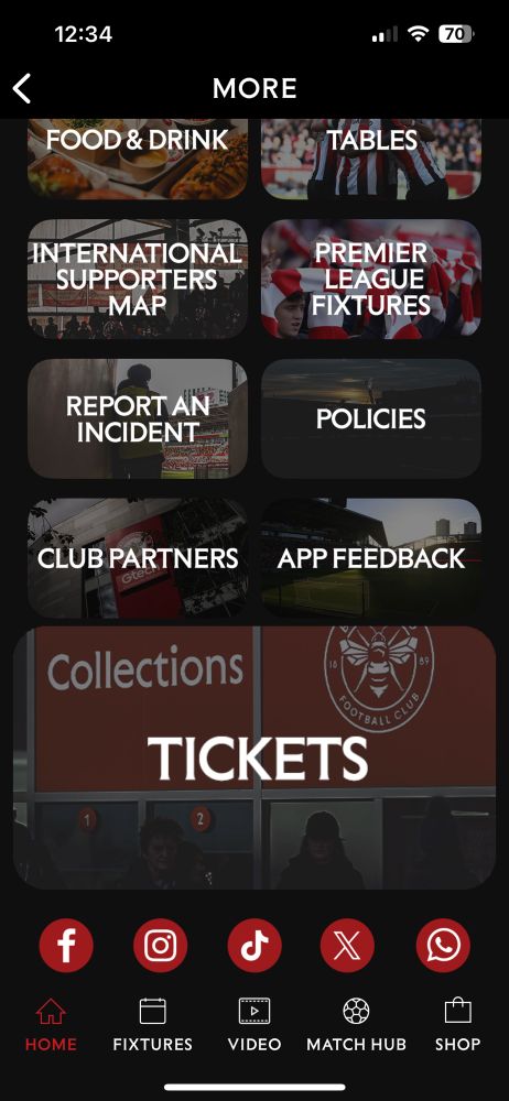 Screenshot of Brentford FC ticketing app. 