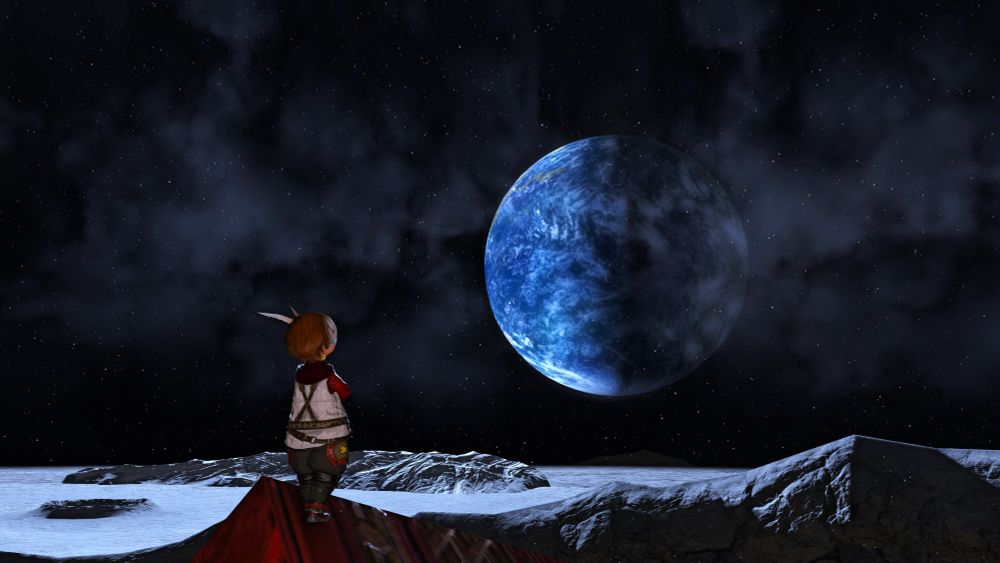 Lalafell staring up at the planet from the surface of the moon