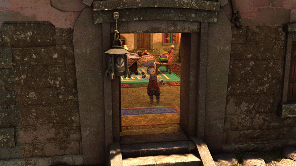 Lalafell waving from inside a Pelupelu house that other races cannot enter.