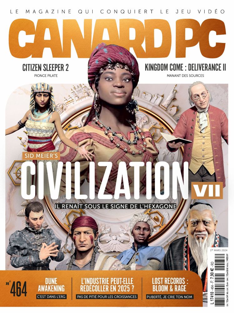 Couverture du numéro 464 de Canard PC de Mars 2024 avec, à la Une le jeu : Sid meier's Civilization 7
