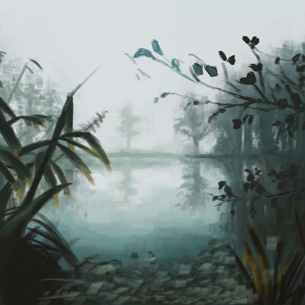 a coloured digital painting of a fogged over lake. reeds frame each side of the painting and trees are faintly visible through the fog on the other side of the lake.