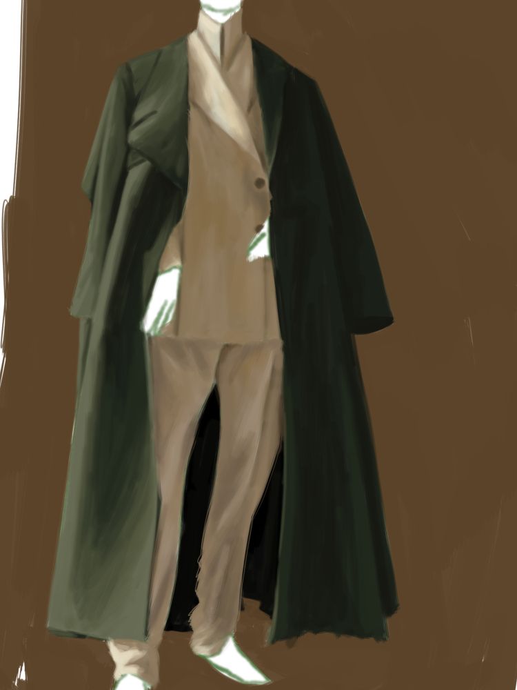 a digital painting of a man in a beige buttoned coat and trousers of the same colour, with a dark green coat thrown over his shoulders. the background is a darker beige or brown.